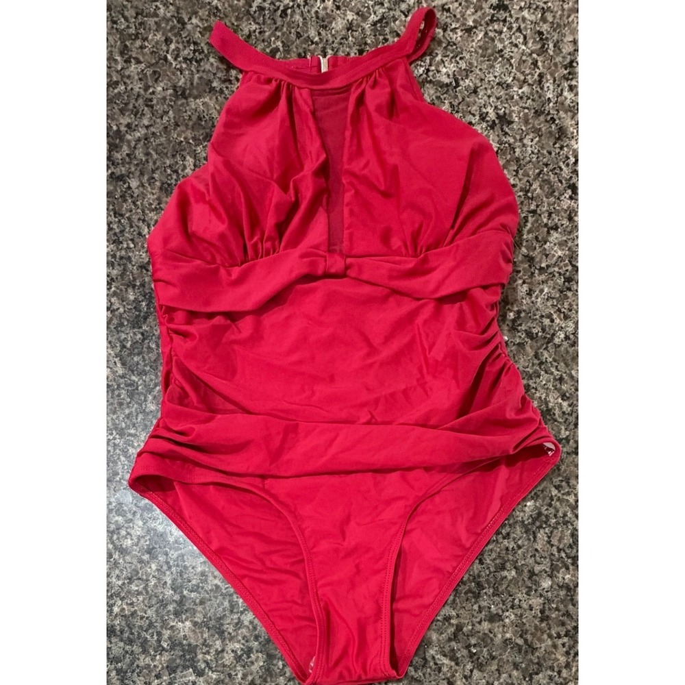 Red High Neck One Piece Swimsuit Mesh Keyhole Back Ruched Bow Detail Womens